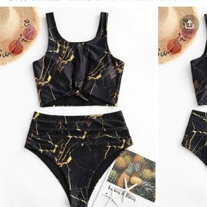 High waisted marble tie front bikini NWT